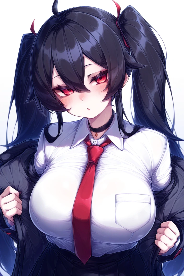 ((Long Straight Black hair)), Perfect face, Choker, Punk earrings, ((Tall)), ((High Quality)), Necklace, ((Mature)), Pretty Eyes, Sharp Nails, Bangs, ((1 Girl)), ((Multiple Earrings)), 1 girl, Spiky Earrings, Adult, Spiked Collar, Thin Eyelashes, Plain Background, Red Colors in Background, Shark Girl, Long Tail, Large Tail, Massive Tail, Shark Tail, ((Black Pleated Skirt With Lines)), ((White Buttoned Shirt)), Close Up, Very Short Mini Skirt, Tall, Long Legs, Dynamic Pose, Black Tail, 2 moles under left eye, Wide Hips, Pantyhose, Thick Thighs, Vibrant Colors, NSFW, Naked, Nipples, Vagina,