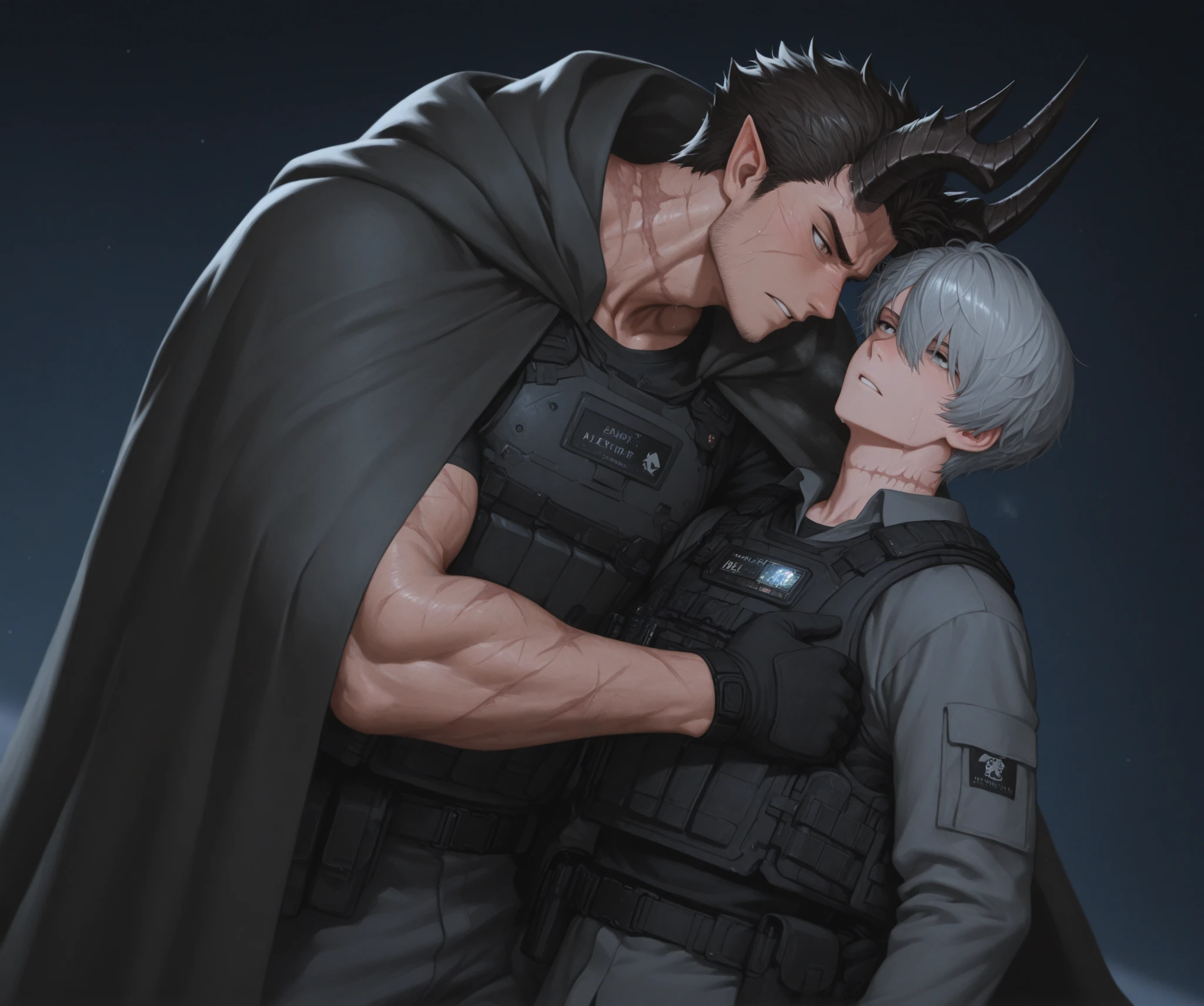 ((best quality)), ((masterpiece)), a tall monster, with huntback, long arms, short legs, canine feet, big hands, gray skin, deep blue eyes, thin pale blonde hair, point ears, handsome face, lower long fangs