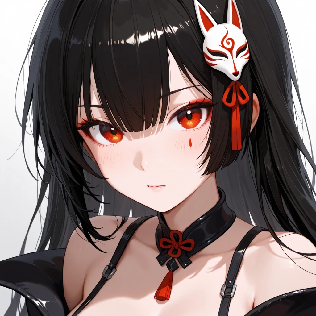 masterpiece, Score_9, Score_8_up, Score_7_up, front view, 1 woman, alone, black hair with red, long hair, parted bangs, dark red eyes, half-closed eyes, parted lips, expressionless, pale skin, large breasts, body suit, black bottom, best quality, horns up, long open bangs, black sleeveless shirt, black V-neck, red baggy pants, high heels.