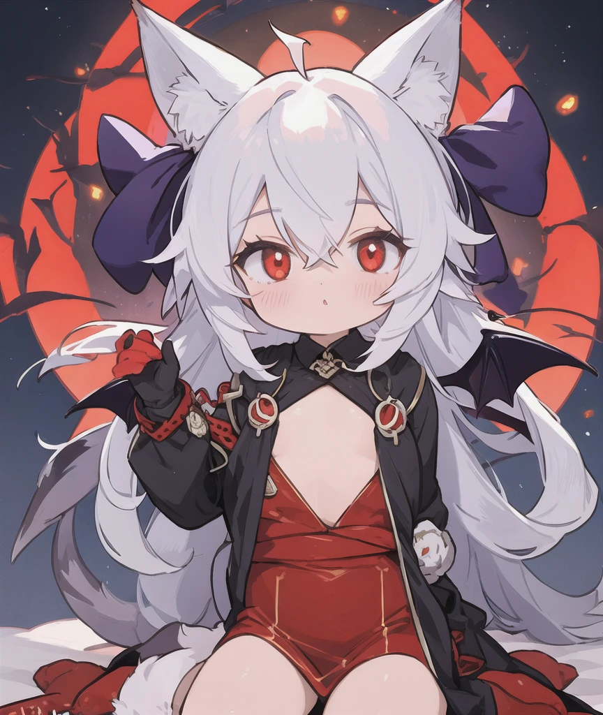 A girl,White color hair,((Black cape),(Cat ear hood), (Red lining),(short skirt)), Half-body standing, White background