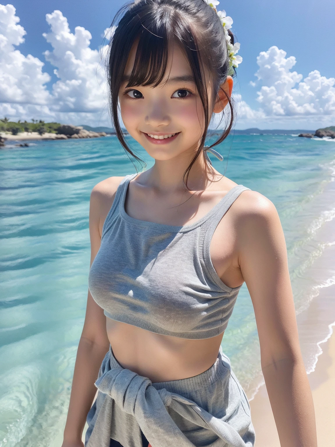 (masterpiece、High level image quality、high quality)、(cute japanese girl:1.5、There is an aura、Radiant woman)、(Beauty as water、sexy pose)、shirt、cardigan、skirt、((tight waist,seductive hips:1.4)、(perfect anatomy、beautiful limbs、beautiful skin、healthy body)、(short hair),Supernatural body,Gravure photography、Full body Esbian、(beautiful crotch)、Professional、coastal、