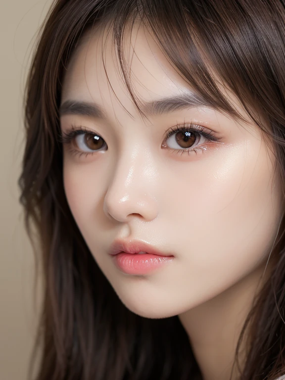 image of one woman、brown eyes、close up of face、smooth skin、Amazingly cute face、actresasterpiece、highest quality、8k photo、(close ~ eye)excited expression、wistful look、please open your mouth wide、(wrinkles at the corners of the eye:1.1),28 year old female、Please bring your face closer to the audience、Wet and shiny lips、kissing face、
