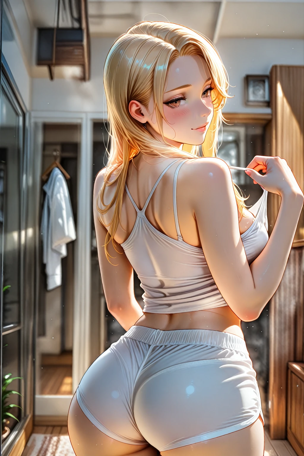 (hyper realist), (illustration), (high resolution), (((32K))), (extremely detaild), (best illustration), (beautiful detailed eyes), (best qualityer), (ultra detali), (work of art), ( wall-paper), (face detailed), standing alone, 1 girl, wavy white hair, korean, Heterochromic Eyes, small spots under the eyes, white loose shirt, yoga pants, breasts big, Legs long, tight abdomen, camel fingers, dynamic pose,showing breasts outside clothes