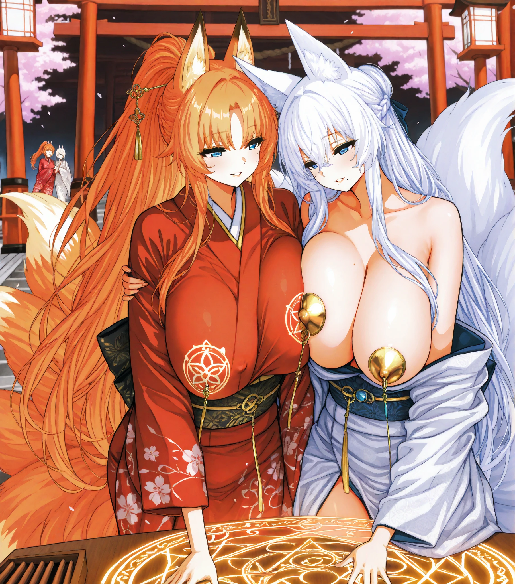 Highest quality、Two Girls,27years old,45years old, Mature Woman, Mature Woman, Japanese-style room、Tatami room、Sliding doors、Dark room、Voluptuous body, Huge breasts, Saggy breasts, Wide Hips, Miko costume, barefoot, Cleavage, Are standing, Blonde Nine Tails, smile, Short blonde, Red eyes, at night, 8K, masterpiece、milf、Fox Ears、Lantern、Sliding doorsを開けて迎え入れる、Sexy look、spoken heart、(breast focus:1.1)、mature female、gleaming skin、naughty face、heavy breathing、One eye is covered by hair、hair over one eye 、cheek-to-cheek