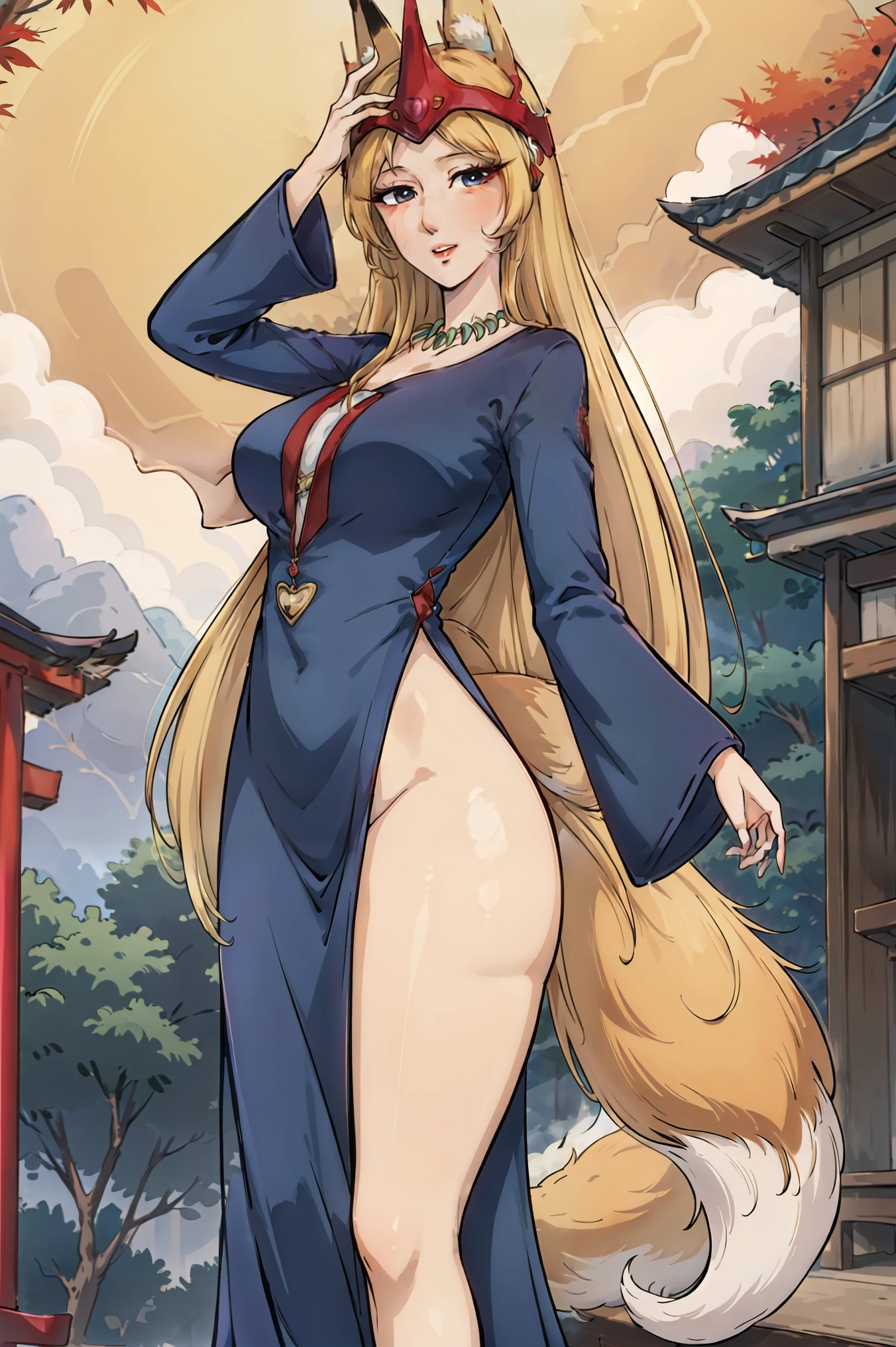 masterpiece, best quality, high resolution,
solo, 1girl, a beautiful elegant lady,
super long blonde hair down to the ass with bangs, blue eyes, long eyelashes,
black dress, long sleeves, (fox ears, long thick fox tail:1.4),
crown, gem, jewelry, earrings, necklace,
standing outdoors alone, open arms, smiling slightly, parted lips, wind blows her hair, Japanese shrine, torii, autumn, tree with red leaves, (foxes in background),