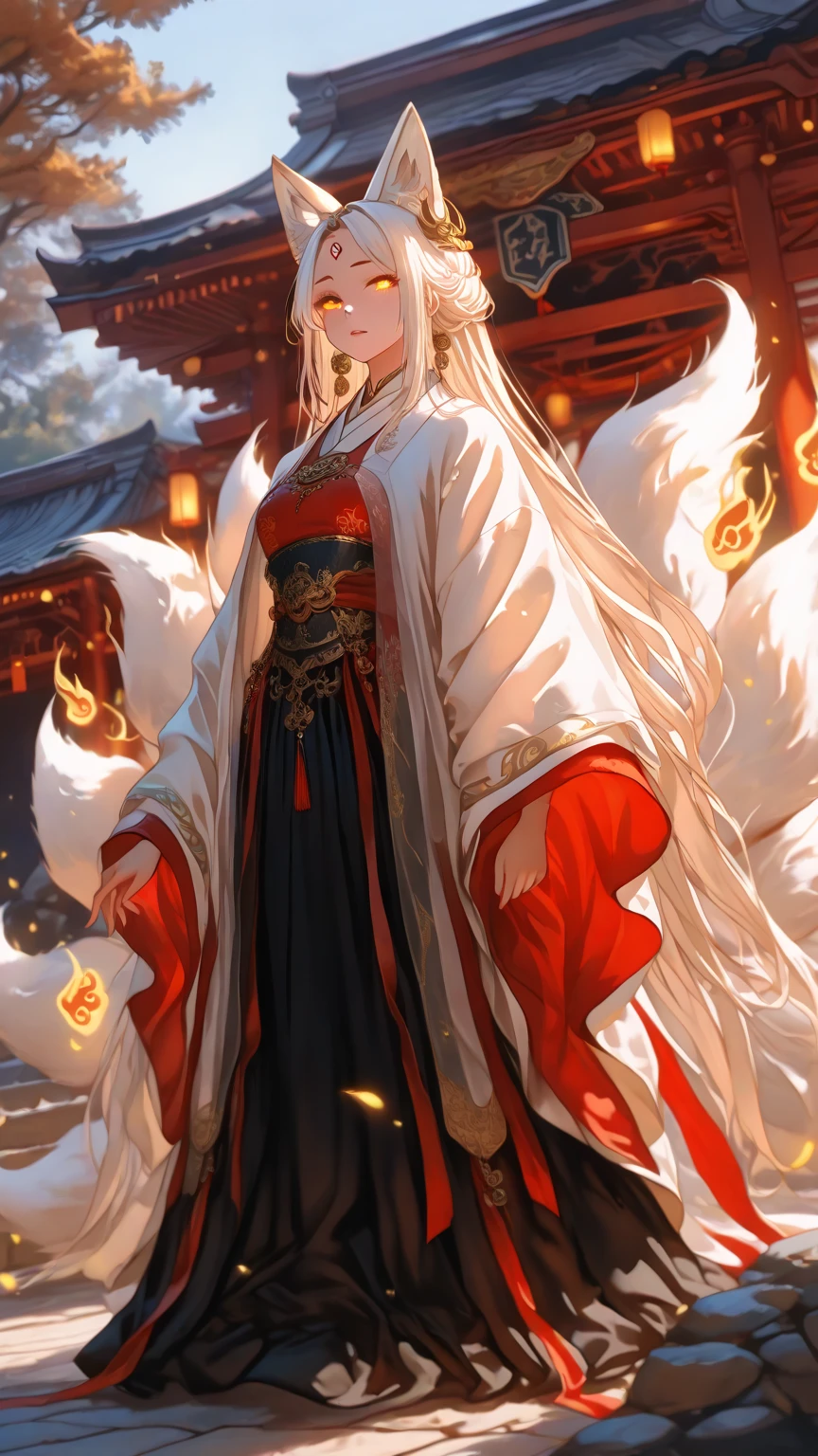 best quality, highres, finely detail, fox spirit, nine-tailed fox form, elegant feminine features, fox ears as main focus, missing human ears, intricate fur details, glowing eyes, traditional Chinese hanfu, flowing fabric, ancient temple background, misty atmosphere, golden hour lighting, spiritual energy effects, moonlit scene