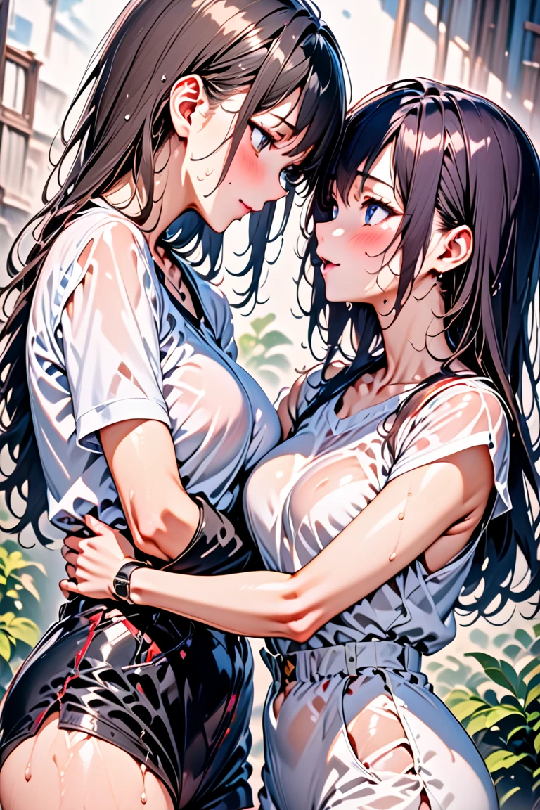 2lady(different hair style and clothes color), ((ultra-quality)), (Bukkake:1.5), (side view), (profile), (bare shoulder), (in 8K), (arms behind back:1.5), (arms are down), ultla highres, Hyper Detailed, High contrast, Ultrafine Strike, creative refinement, absurdres, Realistic, extremely detailed CG unified 8k wallpaper, Highly detailed, High-definition raw color photos, professional photograpy, Realistic portrait, Cinematic Light, Beautiful detailed, 28 years old woman, (realistic skin:1.3), (shiny skin), (Best Quality:1.4), Super Detail, High quality, ​master piece, lifelike, (After SEX), Bukkake, Perfect face, (cum on chest:1.5), (Bukkake:1.3), (cum on clothes:1.3), (Sharp Focus), (upper body), (close up), Delicate Beautiful Hair and Eyes and Face, Delicate eyes, radiant eyes, Lifelike, Hyper-detailing, (Sheer areola), (colossal breasts:1.9), (big breasts:1.8), (Beautiful breasts:1.5), (covered breasts:1.5), (arms behind back:1.3), Beautiful cute woman, camel-toe details, (NSFW), wet clothes, pale black eyes, (dark bob hair), (ponytail), (asymmetrical bangs),
