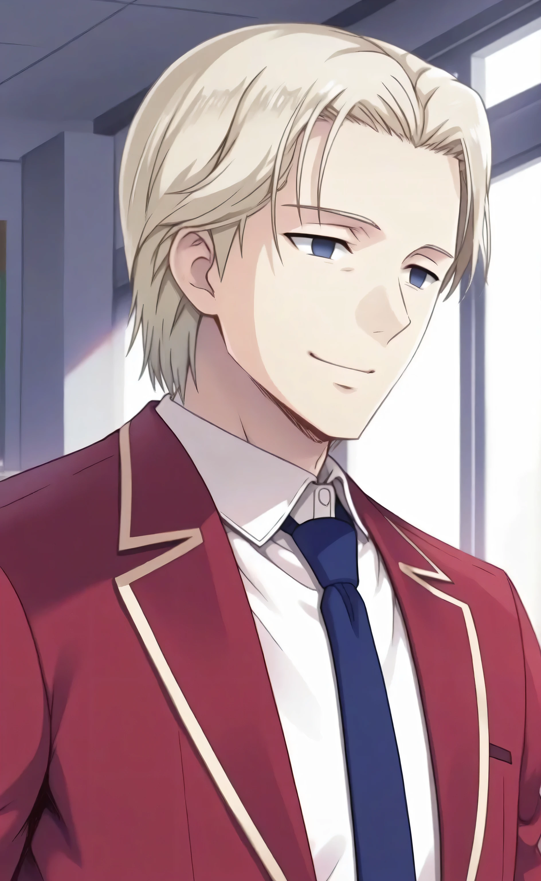 1male,solo,Johan Liebert,platinum blond hair,short hair,blue eyes,empty eyes,smile,red blazer,white shirt,blue necktie,muscle,classroom,Classroom of the Elite