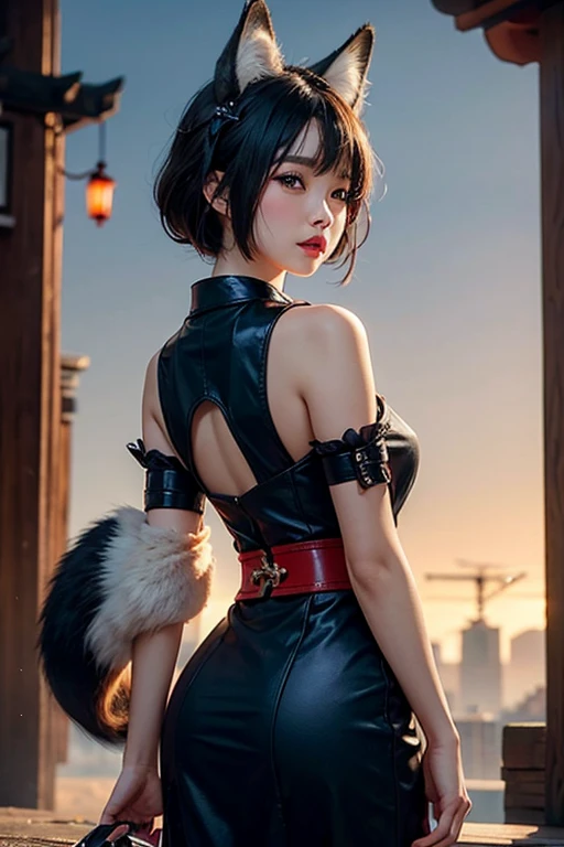 a woman, 1girl, short bob black hair, small breasts, blue sky eyes!!!, fait skin, blank face, sexy tight black ninja outfit, bare arm, bare leg, night, medieval japanese town, very sexy body, detailed face, beautiful detailed eyes, beautiful detailed lips, extremely detailed eyes and face, long eyelashes, detailed clothing, intricate details, highly detailed, photo realistic, 8k, best quality, masterpiece, cinematic lighting, dramatic lighting, vibrant colors, fantasy, digital art, concept art