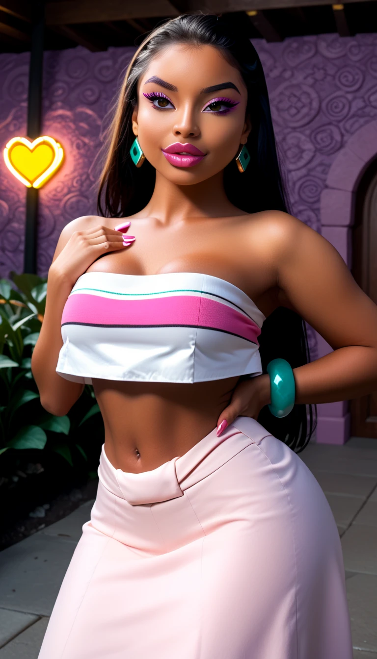 ((Best resolution)), ((high quality:1.2)), Work of art, 8k, extremely detailed, ((natural HyperRealistic, natural color, natural light)), ((High detail:1.2)), (HotLexi), Solo, ((Angolan female with 24 years)), ((cropped strapless, pencil skirt)), (round silicone breasts),