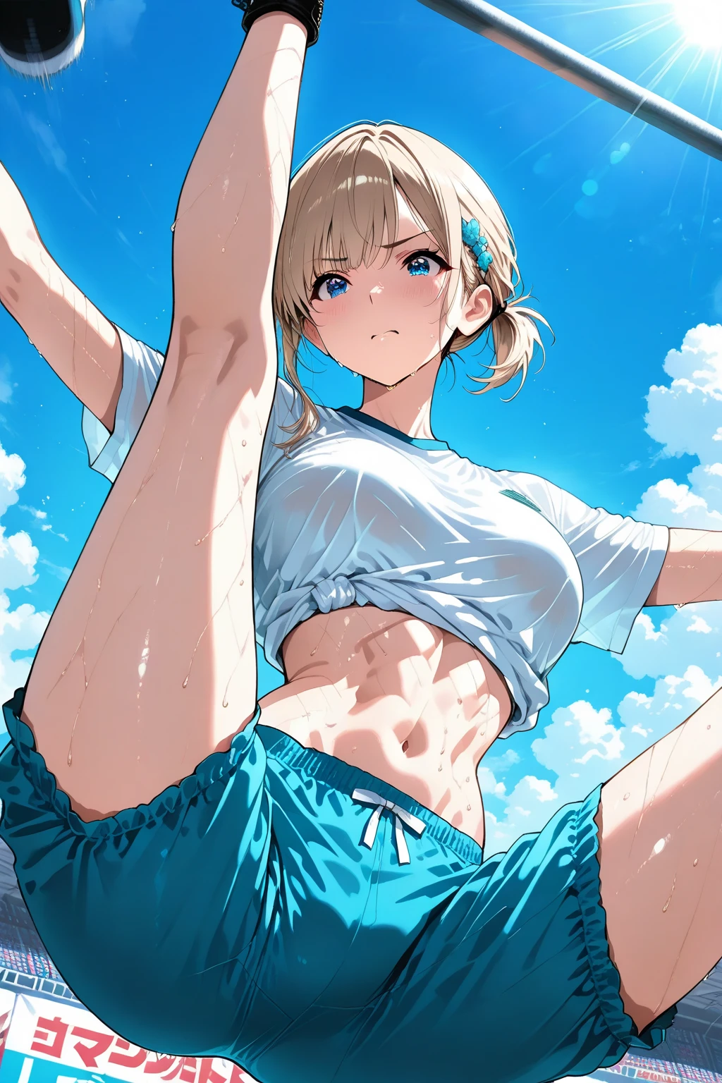 European junior high school girl track and field club activities Raise both arms wide Legs apart Running Beautiful girl Blonde Short hair Small breasts Slim Beautiful legs Skin is delicate and beautiful White tank top Tank top is transparent White underwear Underwear is transparent Exposed skin The underside of the chest is visible The clothing is wet The belly button is exposed The whole body is sweaty The hair is wildly messy The hair is wet A shy expression A perspective viewed from directly below Armpit hair growing hospital