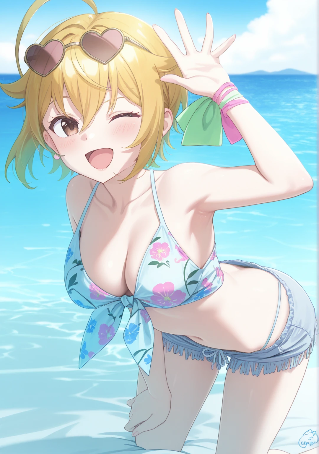 an athletic girl, flat chest, yellow hair, short messy hair, purple eyes, wearing a white bikini , punk, at the beach, joyful emotions 