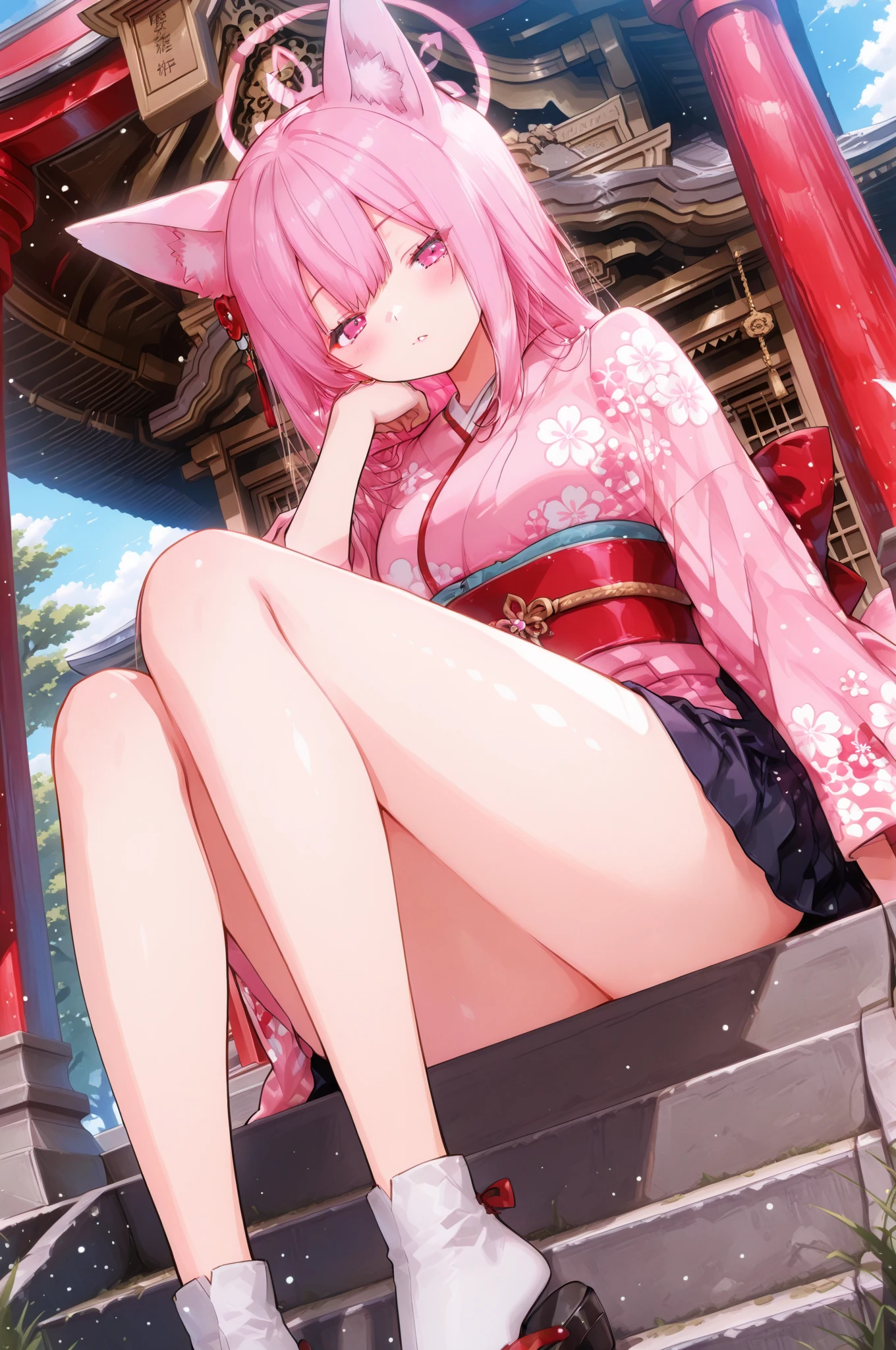 (masterpiece, Highest quality, Highest quality, Official Art, beautifully、aesthetic:1.2),One girl, tattoo, alone, kimono, hair ornaments, Pink Hair, 背中一面 tattoo, 綺麗なflowerのtattoo, Violet Eyes, Off the shoulder, Bare shoulders, Recall, From behind, flower, View your viewers, Holding, compensate, indoor, Pink cat ears, Plump Ass, (show your butt hole:1.6)