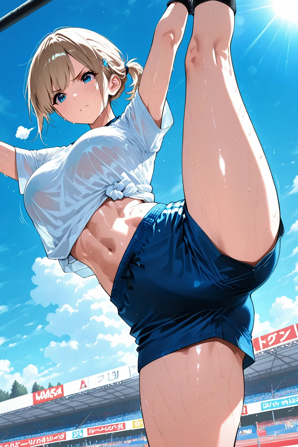 European junior high school girl, track and field, arms wide open, legs apart, beautiful girl, blonde, short hair, small breasts, slim, beautiful legs, delicate and beautiful skin, white tank top, tank top is transparent, white underwear, underwear is transparent, very exposed skin Frequently The lower part of the chest is visible The clothes are wet The belly button is exposed The whole body is sweaty The hair is wild and disheveled The hair is wet Shy expression View from directly below Armpit hair is growing 