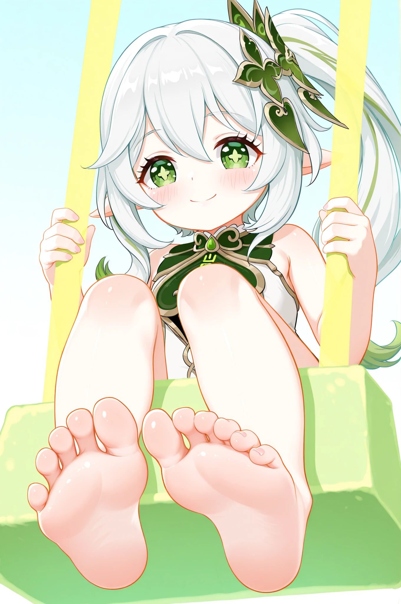 nahida, in floor, sitting, showing the soles to the camera, nahida, emphasis on the soles, big fluffy soles, cute girl, sitting no chão, showing the soles to the viewer, ashamed, wet soles