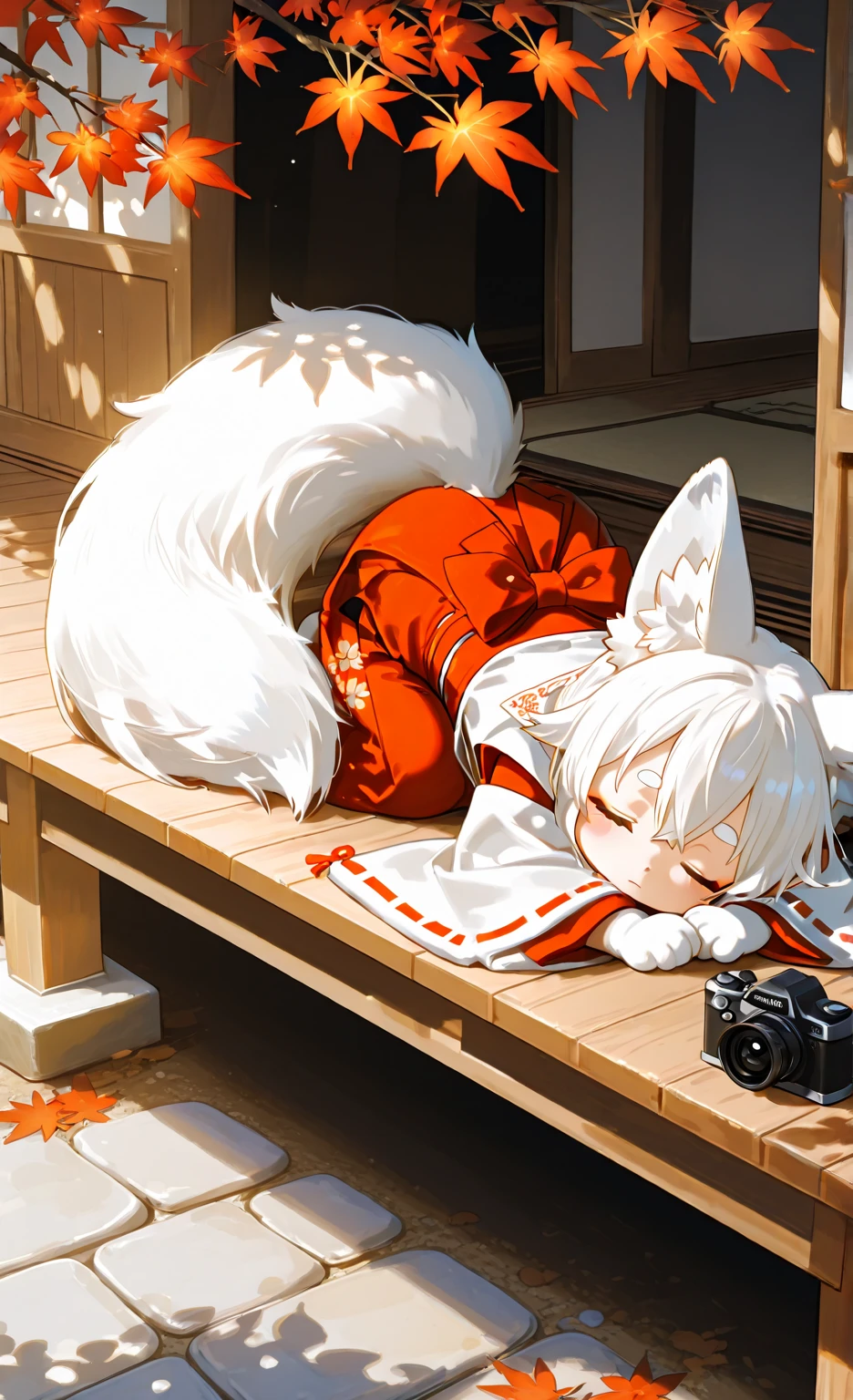 semi-realistic anime-style small and adorable chibi fox girl with elegant fluffy white fur and large fox ears, sleeping peacefully on a wooden engawa (veranda) of a serene traditional Japanese shrine
her small body is curled up cutely, her big soft tails wrapped protectively around her, one paw-like hand resting under her cheek. Her expression is calm and content, with slightly rosy cheeks.
she's wearing a miniature shrine maiden outfit (miko), modified to fit her chibi size, with red and white fabric gently fluttering in the breeze. Fine golden and sakura-themed embroidery on her robes adds elegance.
background shows the wooden structure of the shrine, faded but well-kept, surrounded by maple trees and mossy stones. Gentle warm sunlight filters through the leaves, soft shadows dancing around her.
the atmosphere is peaceful, magical, and nostalgic. soft cinematic lighting, painterly textures, subtle fur gloss, light bloom effect.
full body view, slightly top-down camera angle, detailed fur, large expressive eyes gently closed, cute chibi proportions with refined texture and soft light play on her skin and outfit.