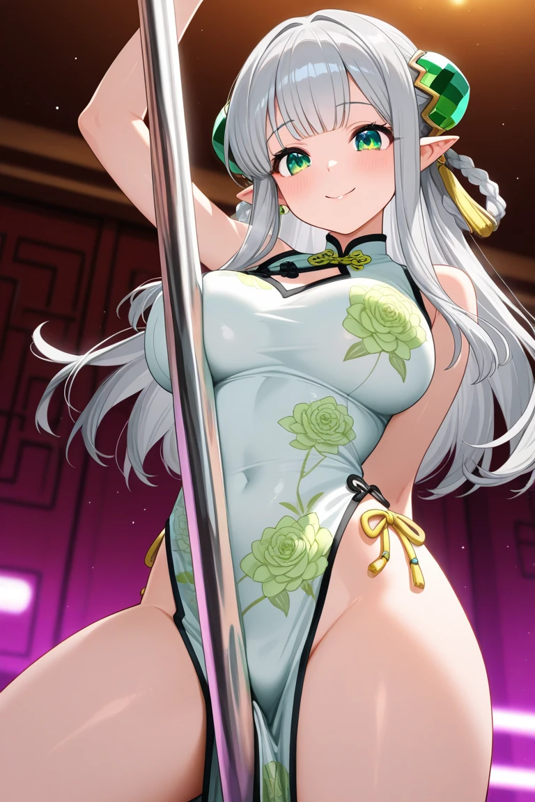 ((masterpiece)), ((highest quality)), (Super detailed), ((cute)), cute, (Lovely), ((sexy)), (device), ((Very detailed)), 4K, (8k), highest quality, (beautiful), Anime Style, masterpiece, highest quality, 細部までbeautiful顔, (Bunny girl), White high leg leotard, Gray Hair, Wet Skin, At the nightclub, (Large Breasts), See-through leotard, Browsing Caution, orgasm, smile, ((pole dance)), (Standing Split)