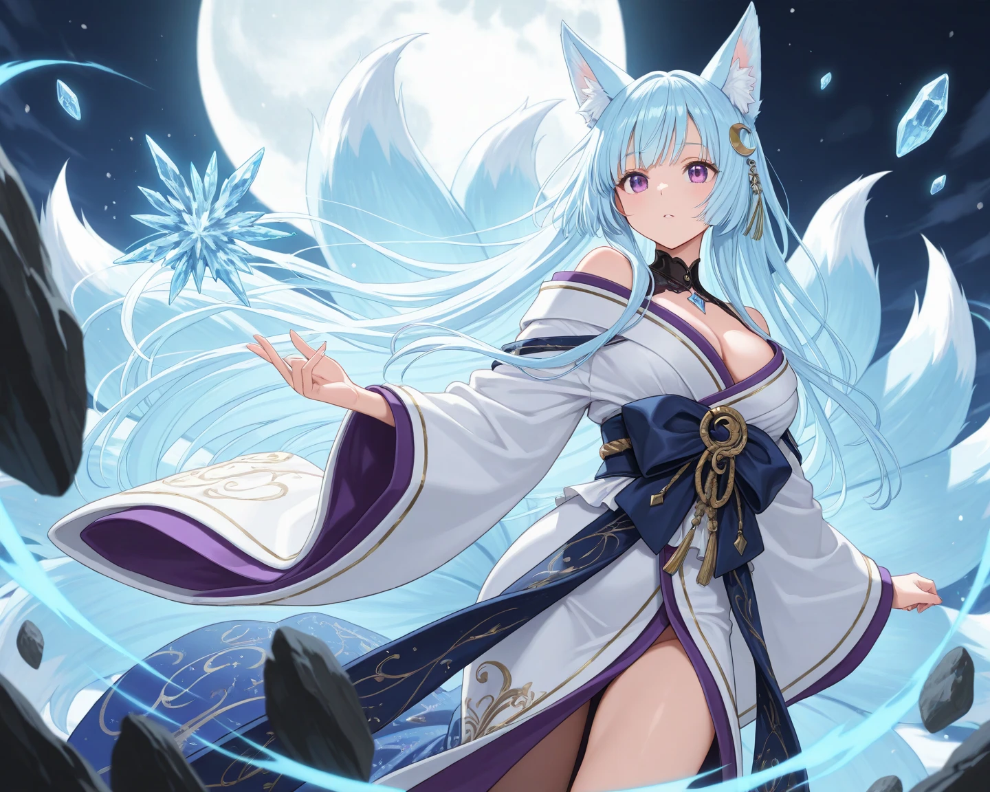 masterpiece, best quality, ultra detailed, highres, 8k, anime coloring, BREAK, 1 girl, 1girl, 1 woman, Light blue hair, Light blue fox ears, nine fox tails, very long tails, very long hair, Purple Eyes, luxurious Japanese clothing, a white twelve-layered kimono, an ice crystal hair accessory, a snowy mountain, a crescent moon, a blue aura, fluttering hems of clothing, fluttering hair, large rocks, rocks with a sacred rope wrapped around it,