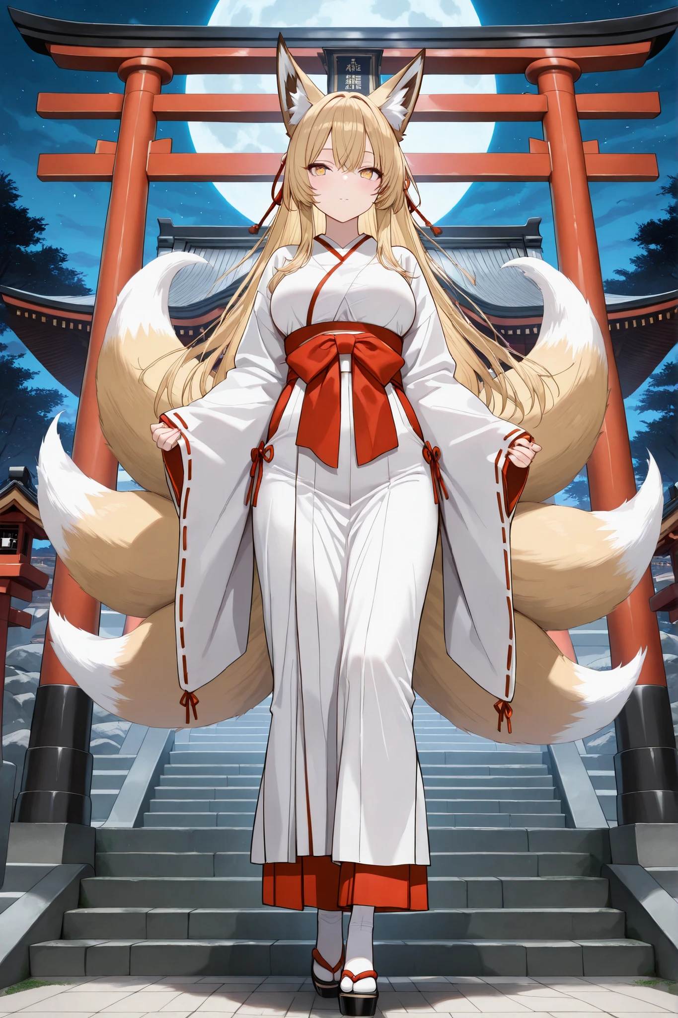 Girl with fox ears, solo, wearing shrine maiden clothes, fox tail, 9 tails, looking towards the viewer, torii gate in the background, shrine, red torii gate, stone stairs, big moon,(masterpiece: 1.2, best quality), (beautiful detailed eyes: 1.2), ((1 beautiful girl)), (beautiful background: 1.2), (highly detailed CG, super detailed),(highly detailed and beautiful: 1.2), (perfect detail: 1.1),