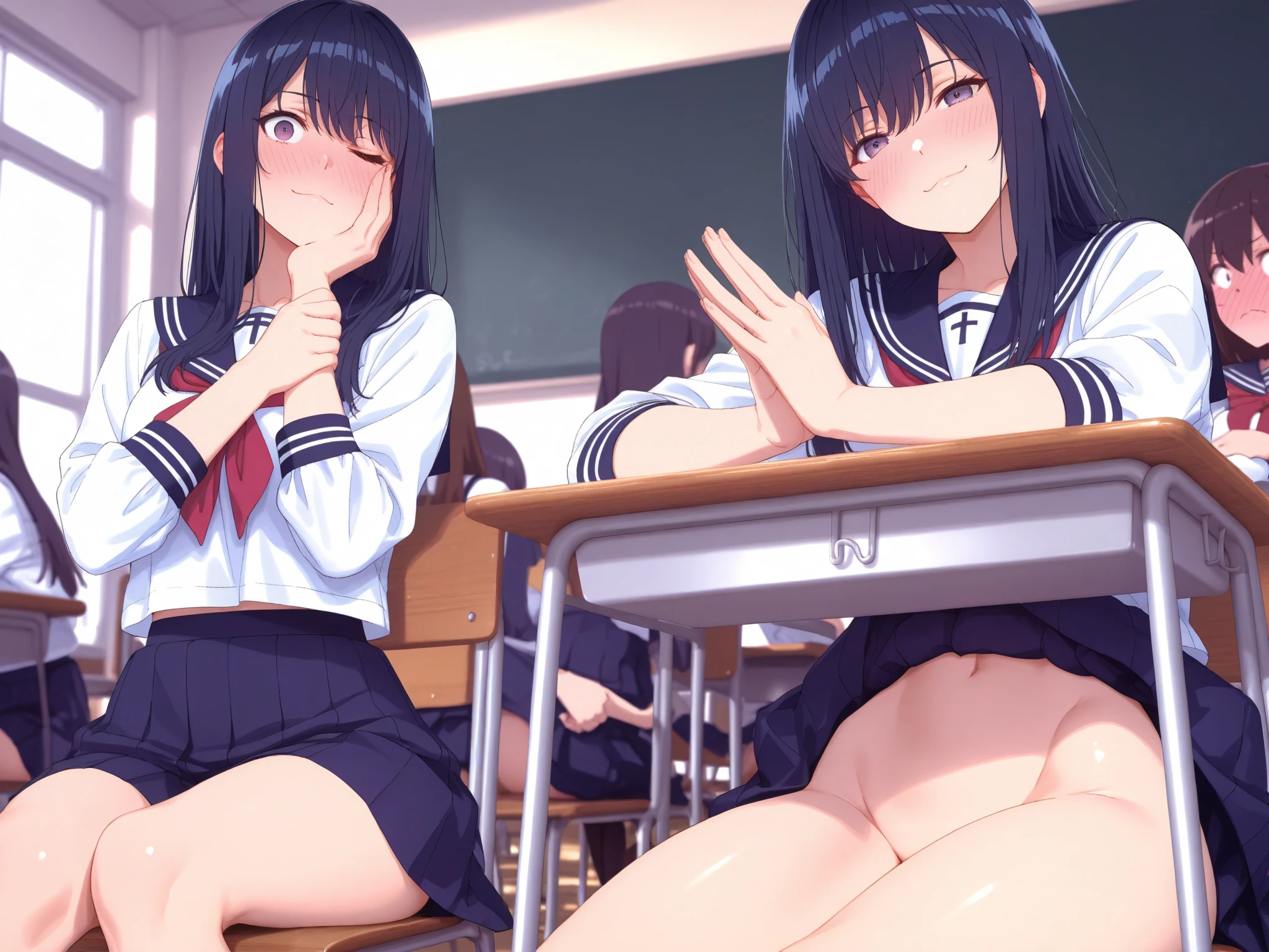 Highest quality,masterpiece,A fun-loving girls group,Party naked,classroom,Discarded underwear,Nipples,pubic hair,Pussy,Pleasant memories,smile,Dark hair color