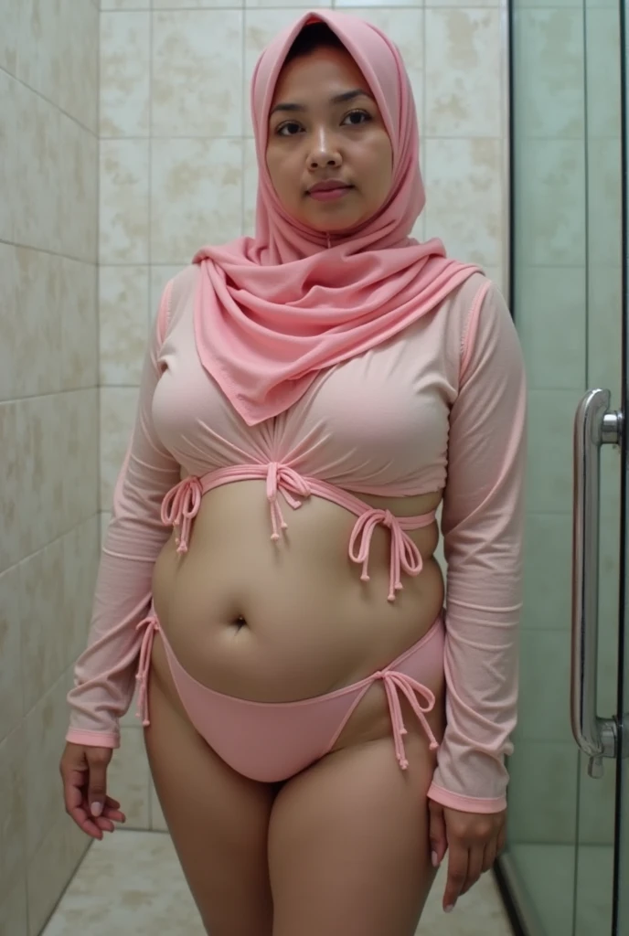 full body shot, 1 malay girl and 1 malay man, chubby face malay girl age 18-24 years old, malay man age 18-24, man has erected big penis, big grin, big laugh, laughing, kelantanese looks, looking at viewer, hand on hip, black color hijab, plump body, girl posing ?????, plump thigh, big breast about to burst out, man nude hugging behind girl, very wet face, inside public toilet, toilet background, photographic view,