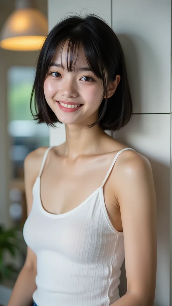 ((highest quality、Masterpiece、High resolution))、(((Zoom photo of upper body)))、(A shy smile:1.2)、One 15-year-old female、Beautiful Skin、Beautiful Eyes、Large Breasts、????? Apron、Brown Hair、Trimmed bangs、Short Bob