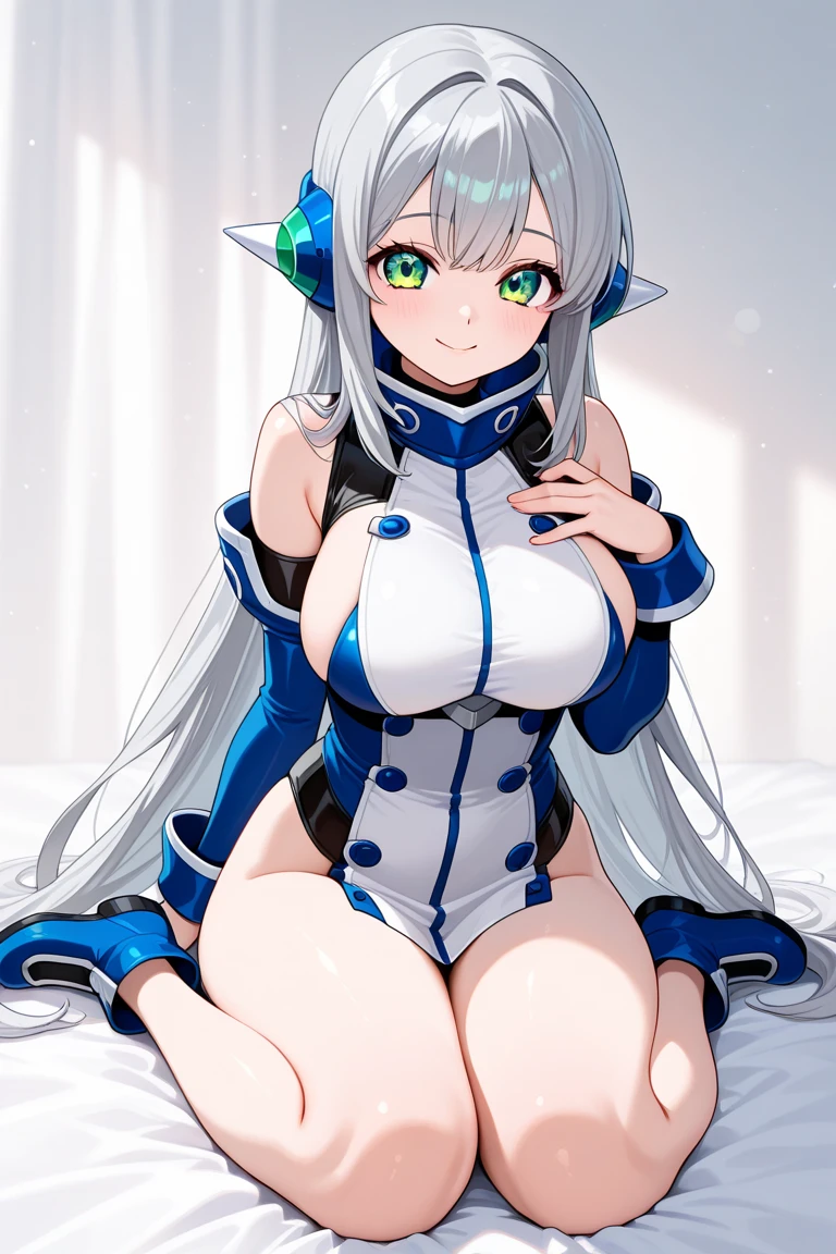 1girl, long hair, grey hair, blue eyes, very long hair, ponytail, black ribbon, hair ribbon, french braid, short dress, detached sleeves, cleavage, clothing cutout, detached collar, pelvic curtain, hand on hair, seductive smile, blushing, indoors, bed. plant, spacecraft interior, sweat, white walls  <lora:Morgan_illus:1> medium breasts,  looking at viewer,, masterpiece, best quality, amazing quality, very aesthetic, absurdres, highres, newest