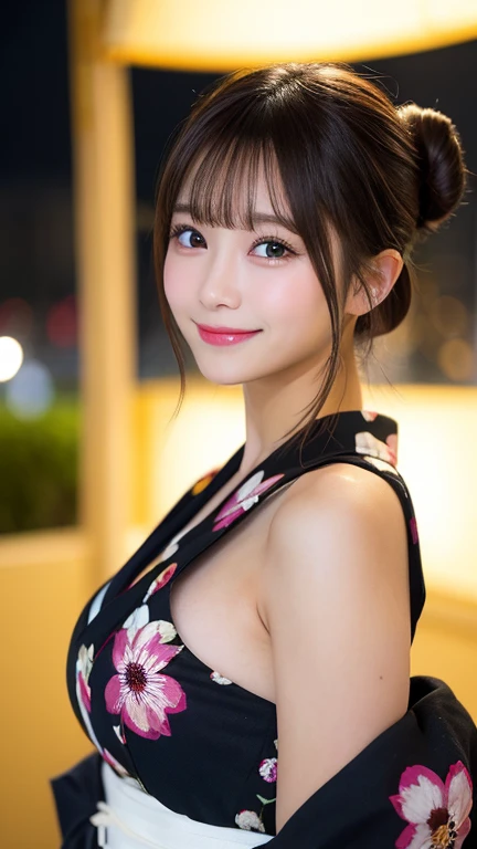 (Highest quality, masterpiece, Ultra-high resolution, 8K, RAW Photos, Realistic, Anatomically correct:1.5), 20-year-old girl:1.2, Embarrassing, avert your eyes, blush:1.0, View Viewer, ((bar)) 、Night view、 Light:1.2, Bokeh, Cinema Lighting:1.0, Depth of written boundary, sharp、 Cute face、Idol、Black short sleeve lace top、Black pleated skirt、Black clothing、”dwarf”、(Floral clothes)、(Full Body Shot)、Side angle、Cowboy Shot、 smile、(Ultra short hair、Short ponytail)、(Straight bangs)、((See-through))、(( One Girl))、Large Breasts、