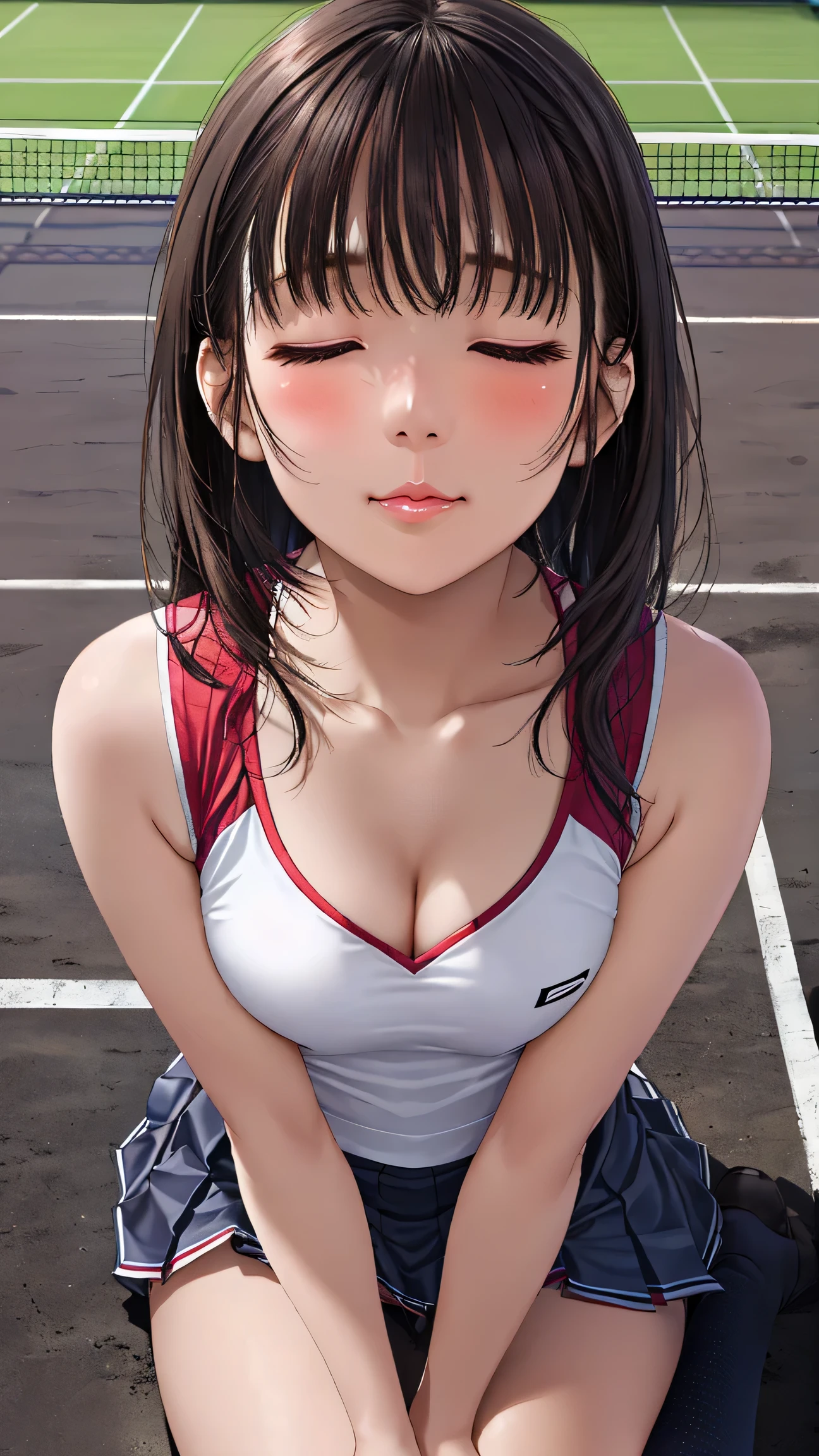 Dynamic,Dynamic,Side face,short detailed hair,Short hair,Lori huge breasts cleavage ,cleavage,The expression of kissing,is shy,Seduce a man's narrow small waist, tennis cosplay,(tennis court:1.3)tennis cosplay,(pleated super short skirt:1.4),(upper legs:1.3),(Extreme heat:1.5),Background bokeh,From top to bottom,cleavage,(Detailed eyes), Best quality at best, ultra - detailed, tmasterpiece, (Detailed face),