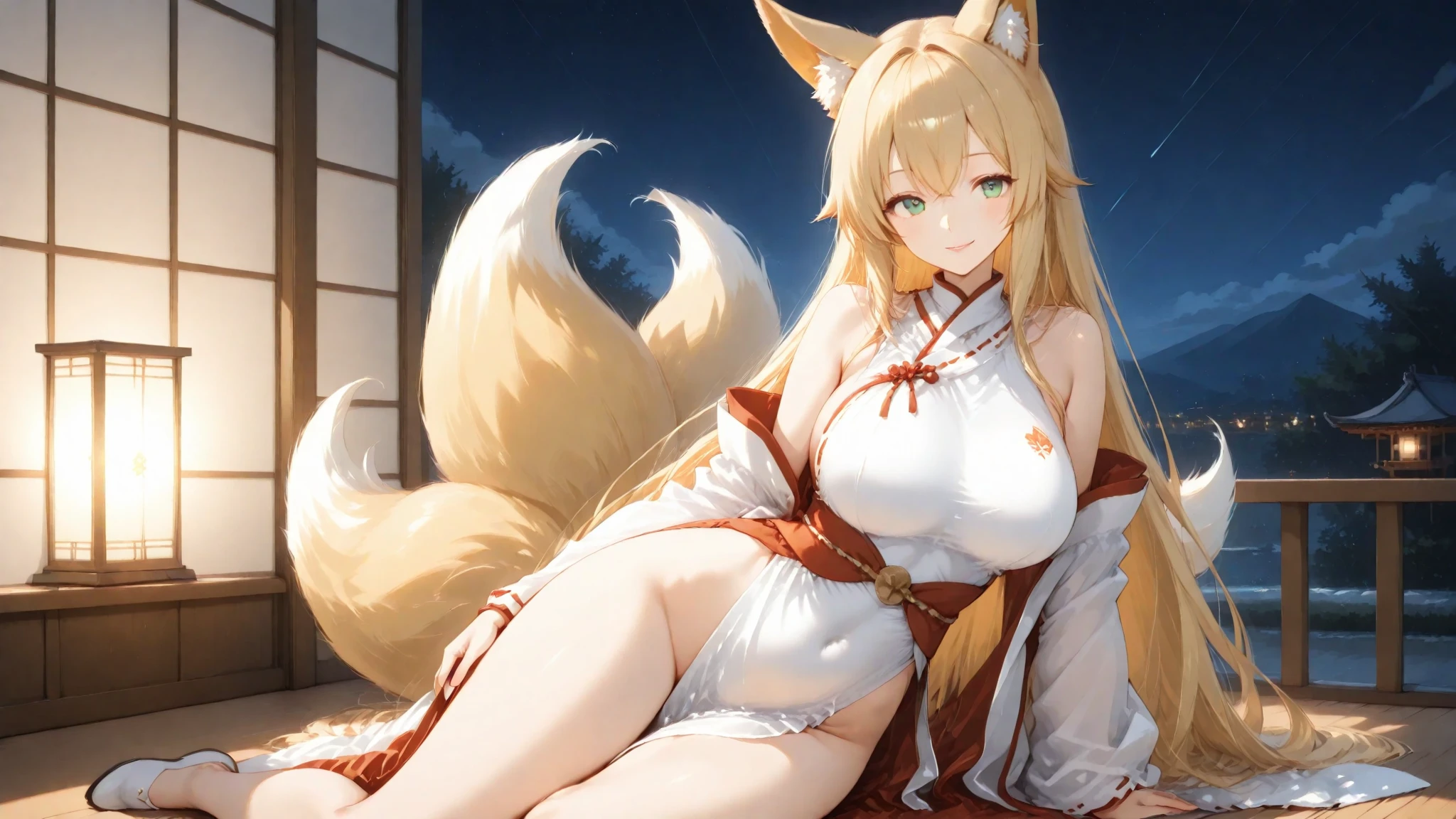 Highest quality, masterpiece, Ultra-high resolution, Girl、Big Tits、17 years old、A well-developed body、自重で垂れ下がるBig Tits、Deep valley、Tight waist、Sexual ignorance、Fox Beastman、Pale gold kemonomimi、Bushy Tail、A childish outfit that suits the fox、Big breasts、near