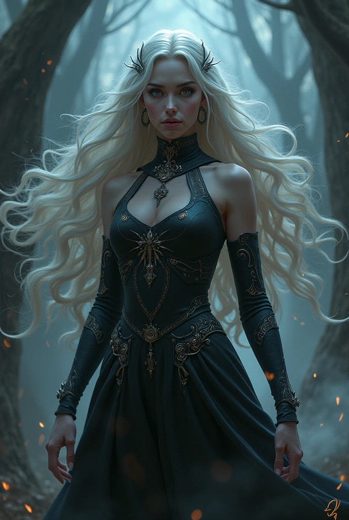 A demon women with long white hair, with horns and red eyes.