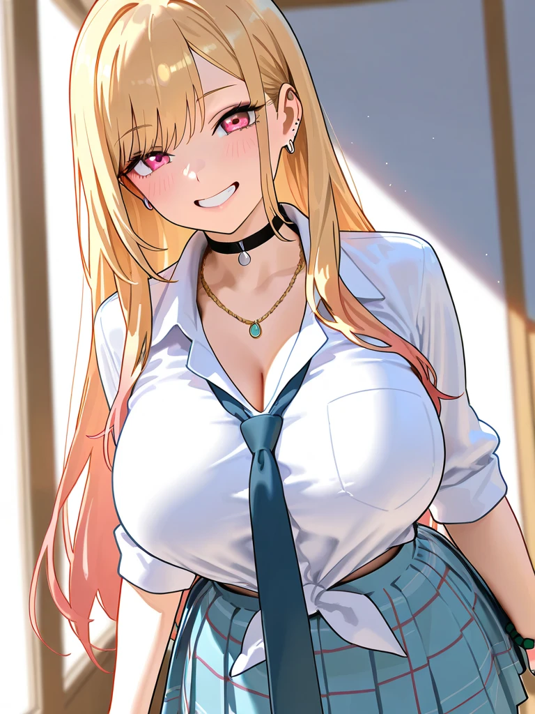 masterpiece, best quality, 1girl, solo, breasts, cleavage, blonde hair, long hair, parted bangs, blue eyes, looking at viewer, sweat, large breasts, collared shirt, pleated skirt, flashy gyaru, happy, showy,too many accessories, colorful , kogal, kogal gyaru, necklace, earrings, bracelet, bra peak, (makeup)