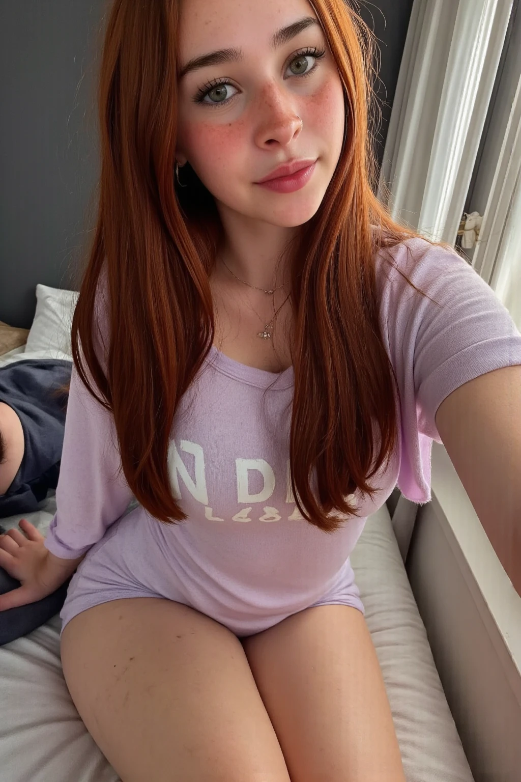 Thick redhead girl, sexy pijamas, at home, watching tv