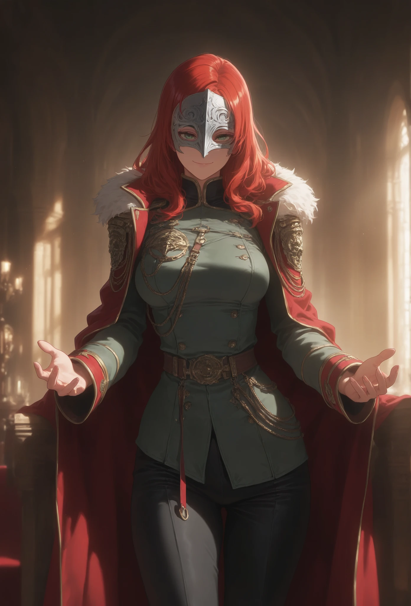 1girl, red hair, long hair, vibrant eyes, green eyes, black pants, devola (nier:replicant),
BREAK ((palace indoors)), beautiful scenery, delicate digits, (full-face), ((military uniform)) day, light reflection, front view, standing, smile, belt, wearing silver baroque mask, battle posture, golden label diadema, covered face,
BREAK (masterpiece:1.2), (best quality:1.2), amazing quality, black-red militar clothes, very aesthetic, (anime style:1.2), perfect hands, symmetry digits, delicate digits, high detail, cinematic lighting,