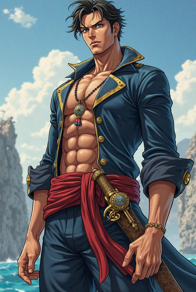 One Piece,Luffy wears a straw hat,lbeard,aged 40,Delicate facial features,Handsome,frontage,Stand on a pirate ship,the sea,Blue sky,japanese manga,anime big breast,2D,Ambient,Handsome,Popular digital painting, realistic digital art, highly detailed digital painting,insanely details,Japanese anime,Particle,Ambient,best qualityer,super-fine,Artistically,romanticism lain,hyper HD,16K Ultra HD,dream magical