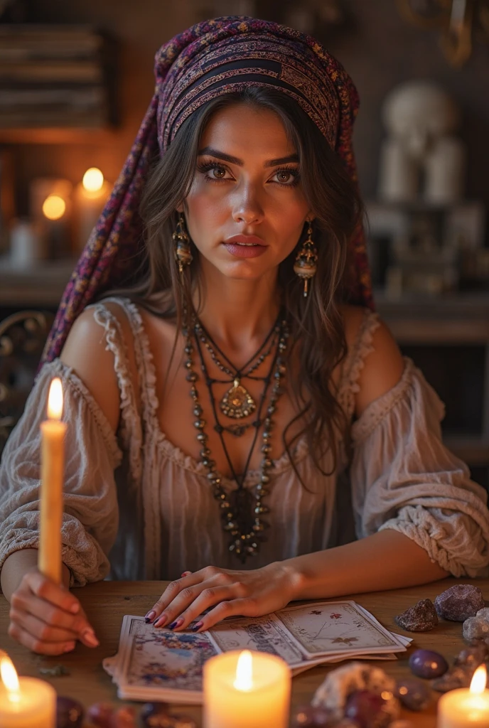 a fortune teller, with cards under the table, she is sitting at the fortune teller's table looking directly at the camera realistic image, with high 8k quality