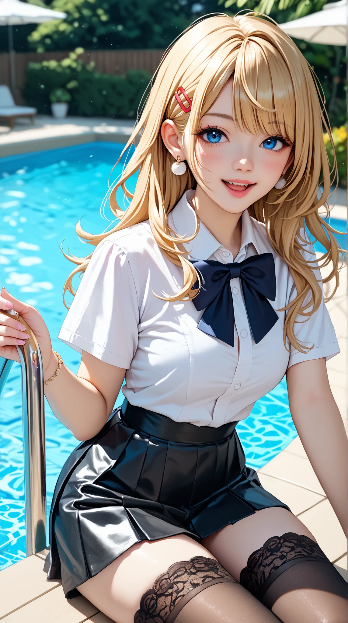 kitagawa marin,pigtails,neat blouse,white blouse,tight blouse,button the blouse,do not show breast,in the pool,pleated skirt,short skirt,high school girl,18 years old,blonde hair,long hair,(large breast:1.8),((masterpiece)), (detailed),reflective skin,white socks,loafers,spread legs,raise up legs