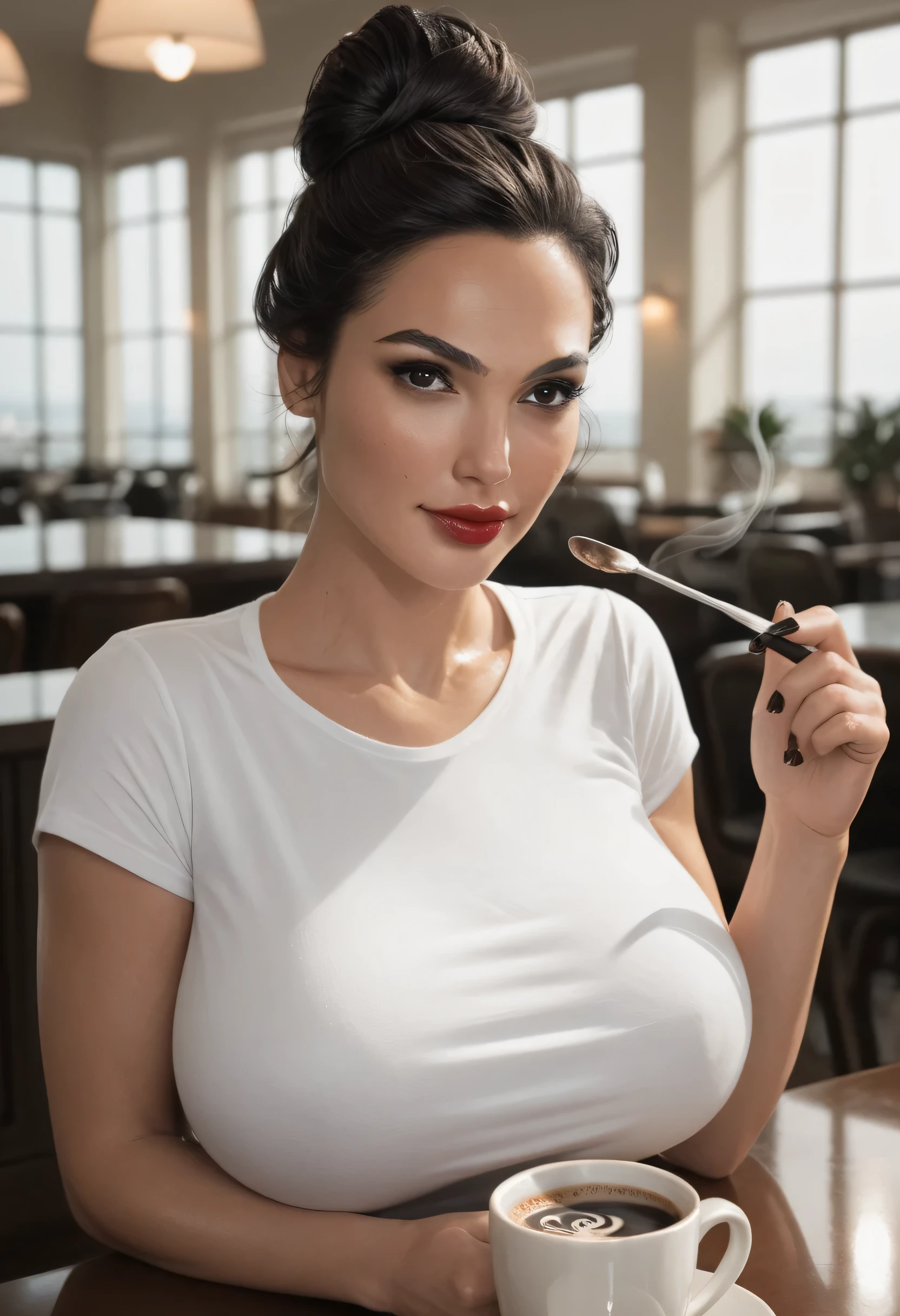 black hair, (big elegant hair bun, hair up), (forehead), black thin eyebrows, brown eyes, red lips, perfect lips, perfect face, (large breasts:1.3), white t-shirt, (place in coffee), (gal gadot), ((shiny skin))
