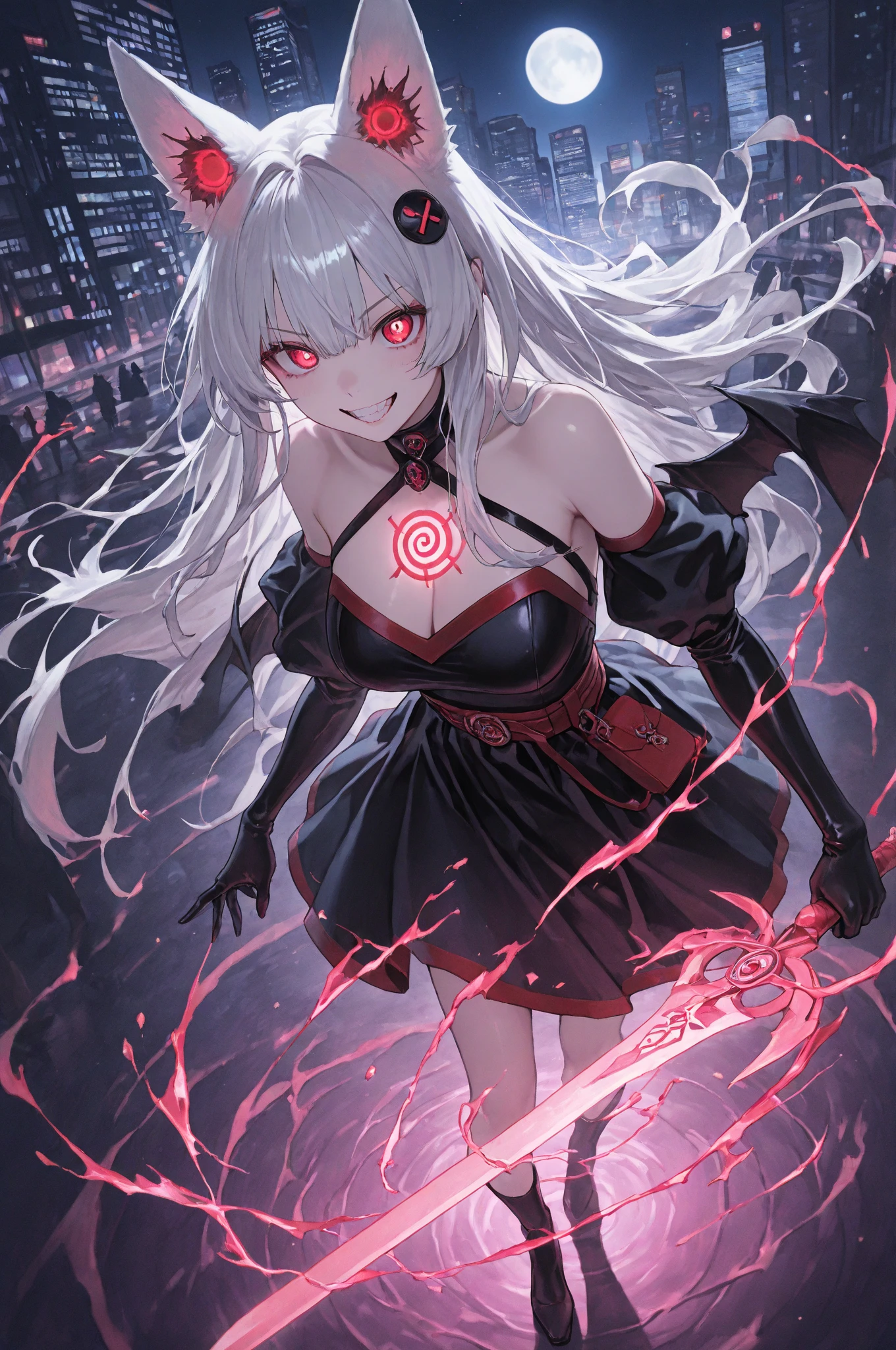 anime girl with white hair and red outfit, eyepatch, amused expression, smug, smirk, vampire anime girl, gapmoe yandere grimdark, badass anime 8 k, white haired deity, gapmoe yandere, with red glowing eyes, best anime 4k konachan wallpaper, zerochan art, white haired, perfect white haired girl, female action anime girl, with glowing red eyes, new york city, new york in background, night time, two arms, two legs