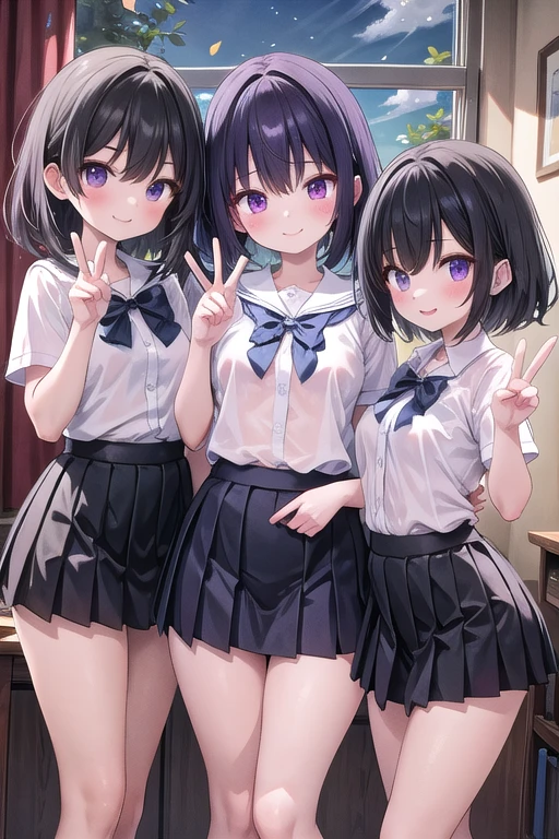 (cute eyes:1.2), (sparkling eyes:1.2), highest quality,wonderful,finely,extremely detailed CG Unity 8K wallpaper, (Stand in line:1.2), (3 girls, Black Hair, Purple Eyes, long hair,cute eyes, clothed), (sailor uniform), (cleavage cutout:1.4), (midium breasts), (open mouth:1.1), (long tongue:1.1), (mouth drool:1.1), (Black knee socks:1.1),(Thighs:1.2),(Waistline:1.2)