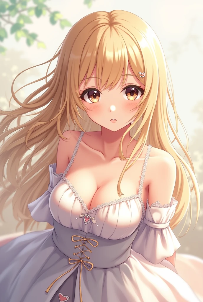 (masterpiece, best quality), 1girl, solo, face, parted lips, looking at viewer, light blush, light smile, pendant, ear piercing, long eyelashes, blonde hair, long wavy hair, high ponytail, asymmetrical bangs, brown eyes, freckles, pale skin, outdoors, park, sunlight, pink scrunchie, white collared shirt, sleeveless, cleavage, small perky breasts, sexually suggestive, haruhi suzumiya.