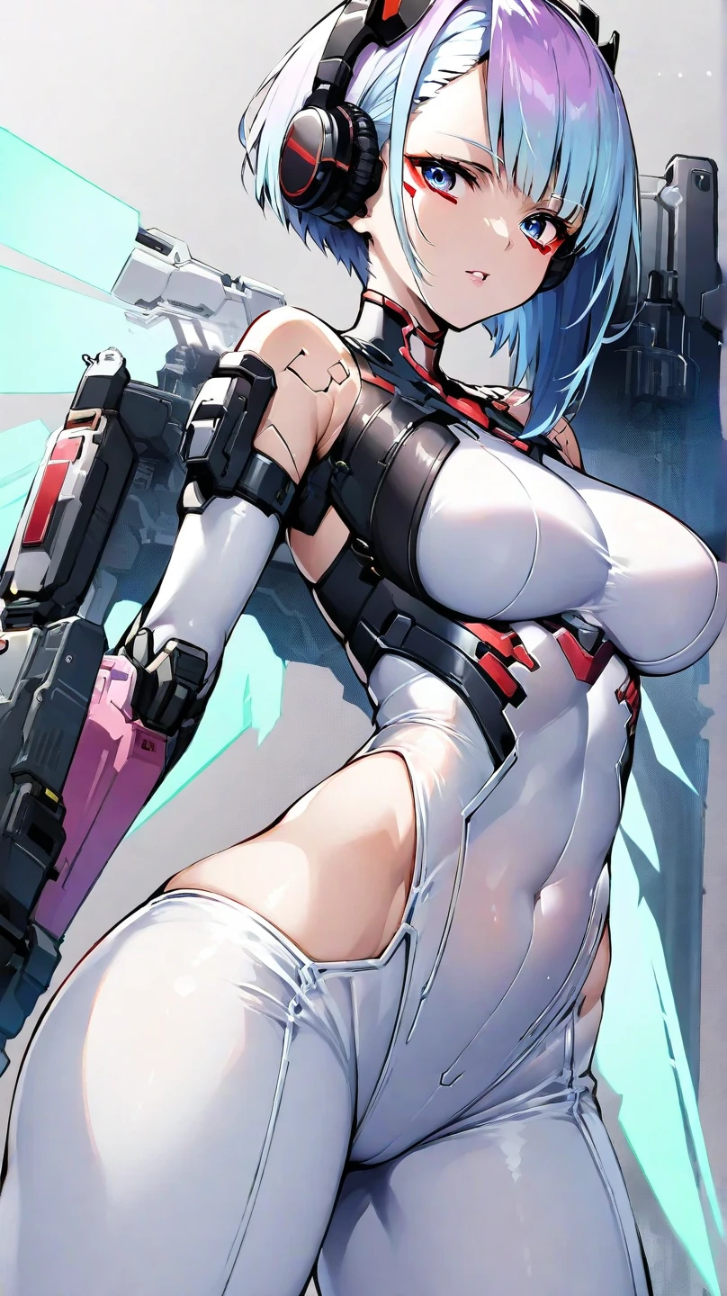 Evangelion Cockpit,Masterpiece portrait of a smiling Rei Ayanami (Evangelion), Evangelion (Hideaki), Caustics, High resolution illustration,14years, Red Eyes, Feminine, no pupils, Blue hair, Short hair, Very small breasts,Japan school uniform, lowfers, swpunk, Synth Wave, Paint splatters, shaded flat illustration, Digital Art, Trending on ArtStation, Highly detailed, Fine detail, Convoluted, Splatter, Outrun, Vaporware, neon color,White underwear,long boots,Happy,Chest exposed