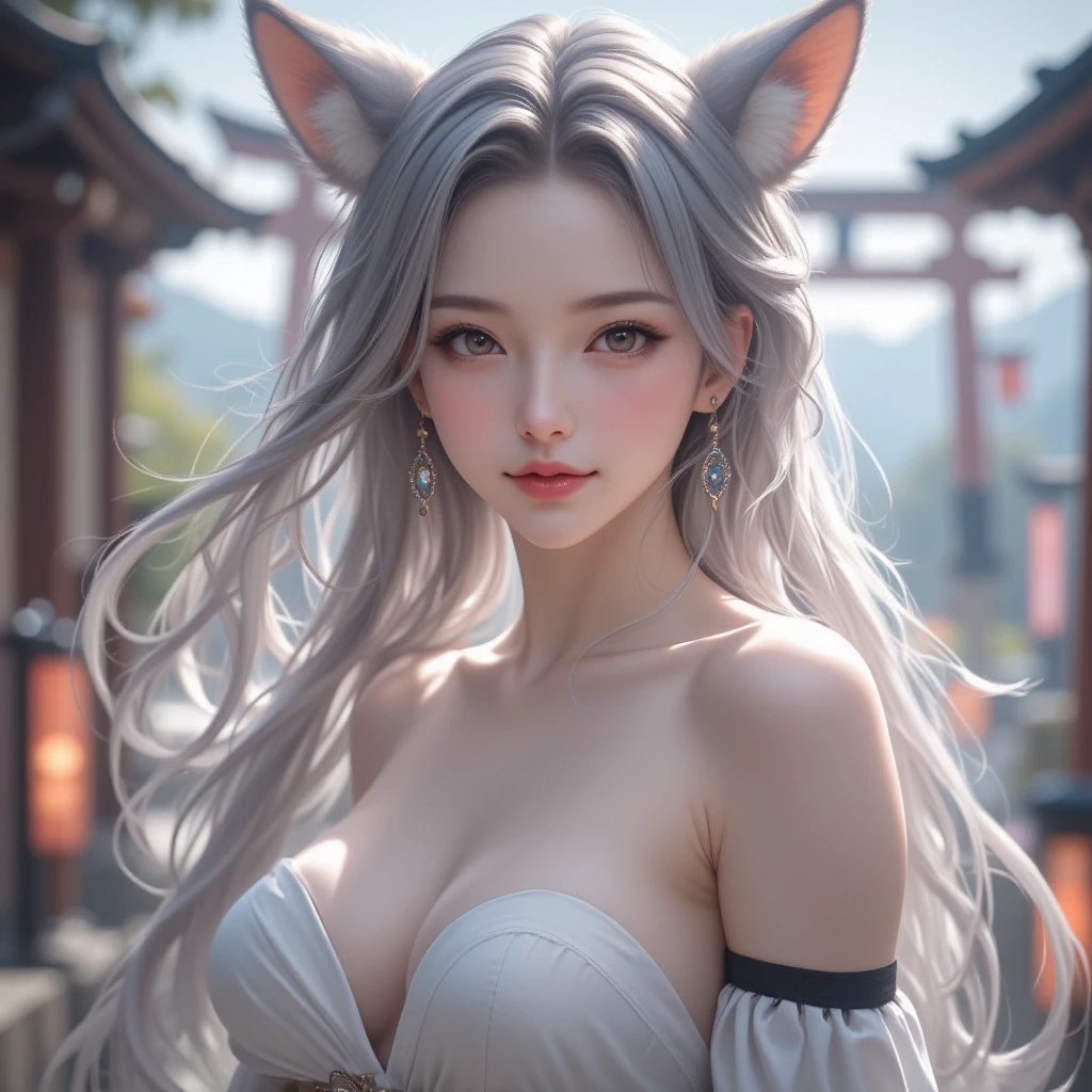 best quality,masterpiece,Ultra-high resolution,future science fiction,(photoactual:1.4),beautiful_Face,Twenty-five-year-old oriental nine-tailed demon fox woman,bright eyes,cleavage,Long silver hair above the waist,Wear a bikini,In the swimming pool,On the water slide,Sitting in a swimming ring,