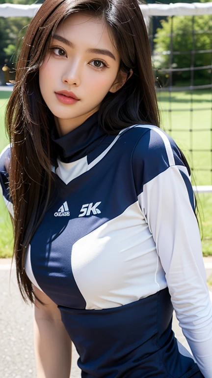 (Photogenic, Various poses, best quality, Masterpiece: 1.5), Athletics, sports ground, track, voluptuous body, beautiful face, 3D, Japanese, track and field uniform, bandy-legged, blond hair, beautiful face, shining thighs, pure white skin, Japan, high school girl, real