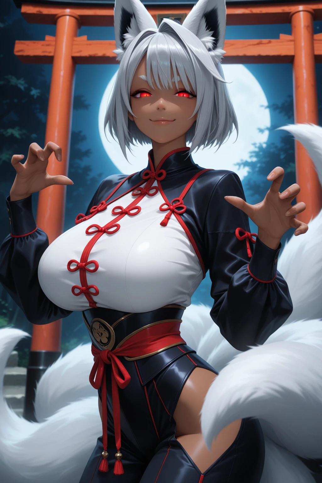 actual, , white hair, big eyes, Smile，open mouth，big breasts，glowing eyes，open lips, blush, daytime，background orc ears，Fox fairy，Kimono decoration，sexy，exposed，charming smile，Half-dressed kimono，white fox ears，White pink fox tail，high thigh slit，，Exquisite background，Mature，red background，Warm colors，red sleeves，Bright colors，white hair，Sense of lens,Lying in bed，Mature women