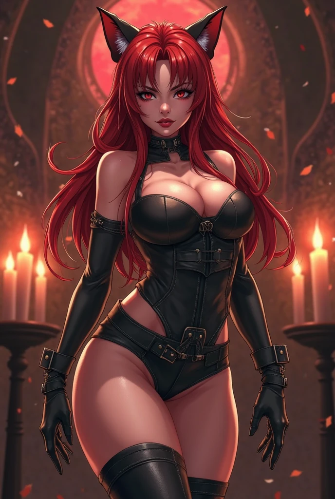 Lisa, anime art style. Solo, 1girl, big breasts, slim waist, big ass, red hair, long hair, dark purple eyes, Hypnotherapist, evil, beautiful, 25_years_old.