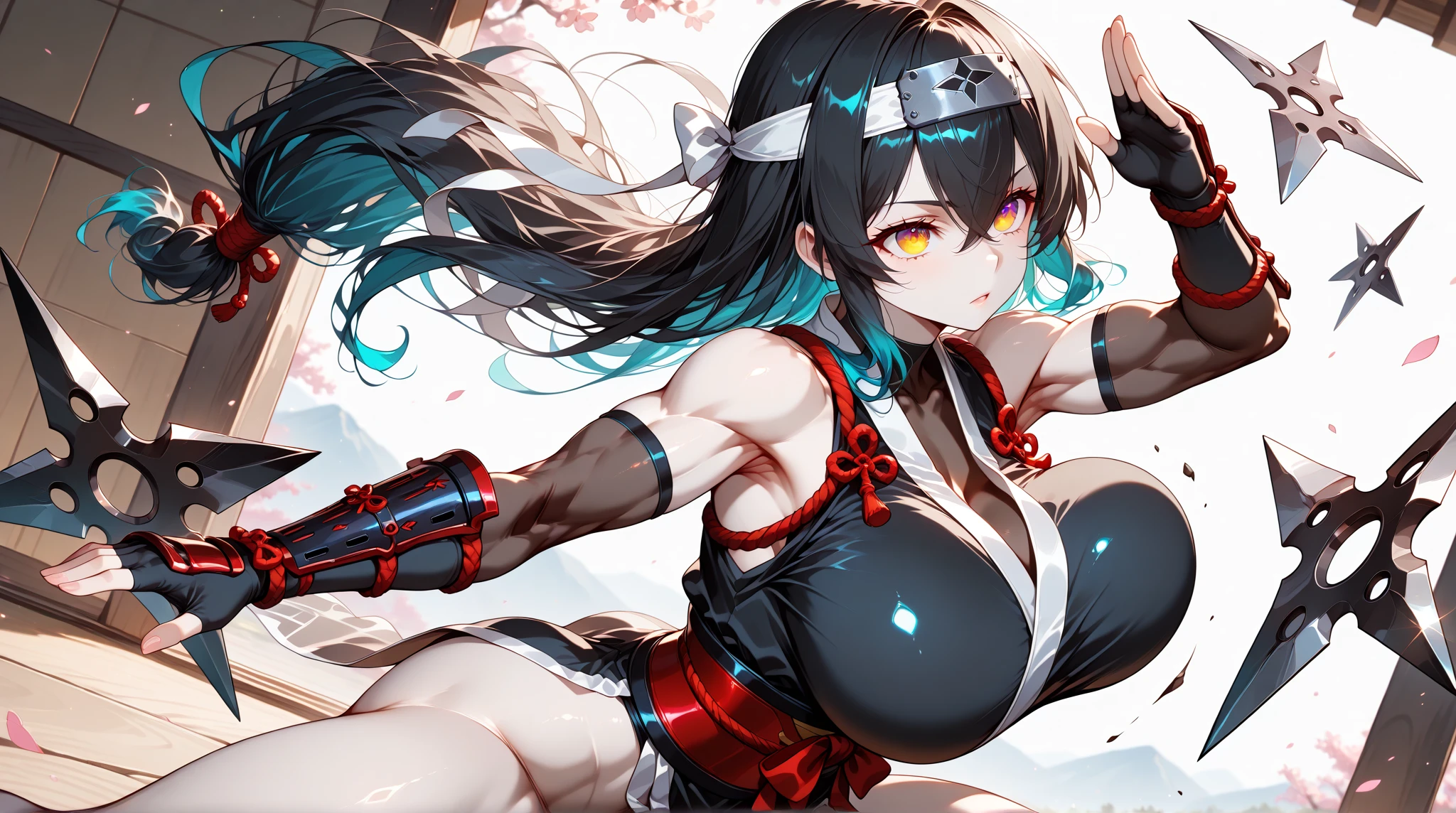 girl with many blue and red capsules floating, slight smile, red eyes, very pale skin, black hair.