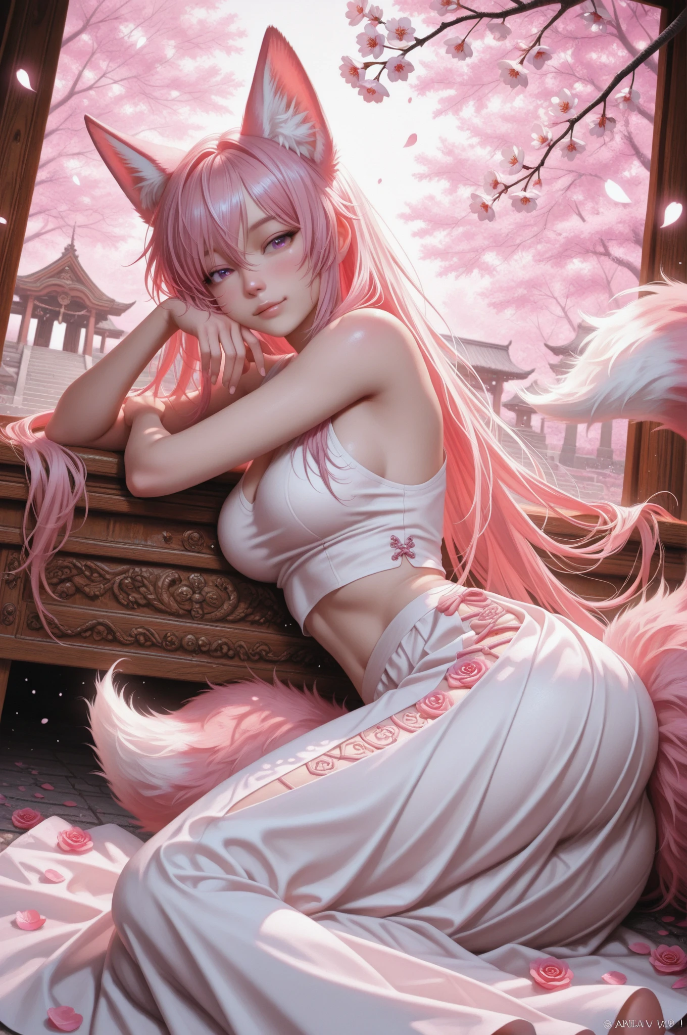 (Best Quality, 8K, Masterpiece, HDR, Soft Lighting, Picture Perfect, Realistic, Vivid), Nine tails of snow white fox(1.0), milk fox tail(1.0), nine tailed fox, anime girl with pink hair and pink, dressed in sexy leather suit, beautiful fantasy anime, very beautiful and cute fox girl, pink flower rain, background blur, anime fantasy, work in the style of Gouves, realistic:1.37, view from above, lies in pink flowers, horizontal view, (ultra high quality fantasy art), masterpiece, male model, ultra high quality female character designs, anime art with 8k development, realistic anime art, highest quality wallpaper illustrations, complex ultra high quality accurate female characters faces, high quality design and accurate physics (super-quality fantasy style)), art, dark fantasy)) Style), masterpieces, super-quality characters, anime resolution - 8K, realistic anime art, wallpapers with the highest quality illustrations, ultra-high detail of faces, high-quality design and physics accuracy), color, depth of field, shadows, ray tracing, production of high-quality computer wallpapers and 8K resolution, (Accurate simulation of the interaction of light and materials)], [High-quality detailed hair [More about beautiful and shiny red hair]], (Beautifully detailed hands [perfect fingers [Perfect nails]], (perfect anatomy (perfect proportions)))) [[Full length]], [Perfect color combination (Accurate imitation of the interaction of light and material)], [art that conveys the meaning of the story ]