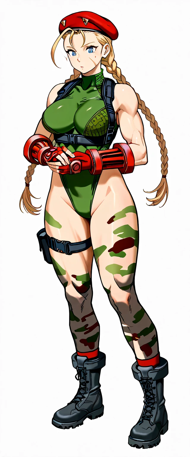masterpiece, best quality, best quality, 1girl, Cammy White, twin braids, cabello rubio largo, boina roja (Red Head Outfit:1.3) ojos azul, cicatriz mejilla, mallas verde, senos grandes, mangas cortas, luvas, ropa de camuflar, cowboy shot, Standing, fondo simple, flat background