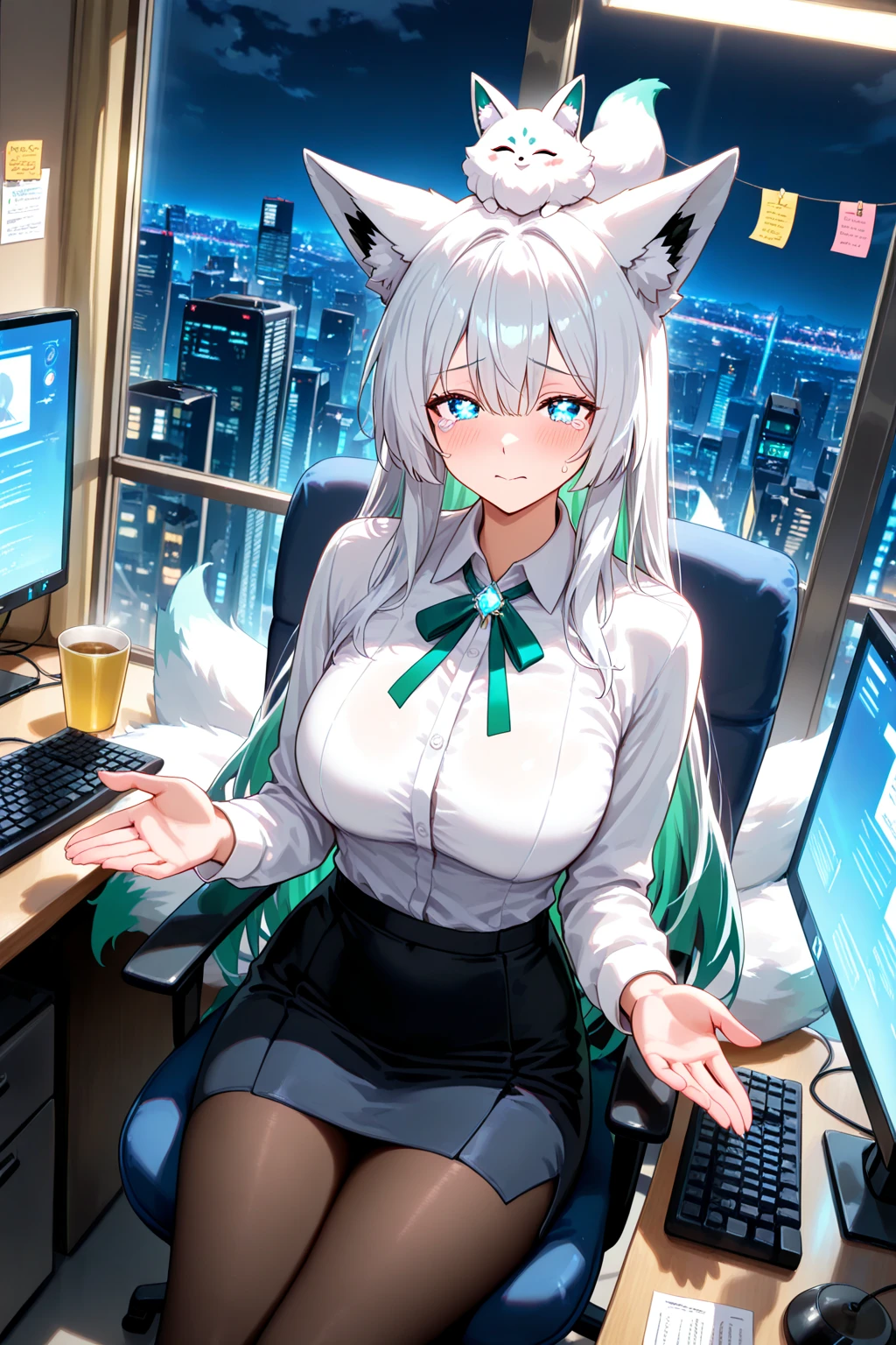 NSFW,masterpiece,Highest quality,High resolution,Super detailed,Shirakami Fubuki\(Hololive\),Gray Hair、One-sided braid、Ahoge、Earrings,Fox ears,Fox tail,Small breasts,nurse,Pink Nurse Uniform,Nurse cap,Stethoscope,Embarrassed,blush,Expecting face,Feeling face,Sexy look,Hospital at night,Examination room,desk,pc,Chair,(Seduce),Cleavage,examine,Chairに座っている,Leg spread,Rub your own breasts,Masturbation